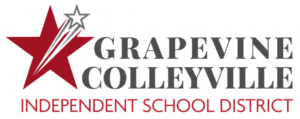 Grapevine Colleyville Independent School District logo featuring a red star with a grey trailing star and