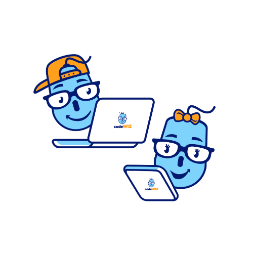 Smiling blue cartoon boy and girl characters using laptops with the codeWIZ logo. TITLE: