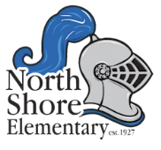 A logo for North Shore Elementary School featuring a knight's helmet with a blue