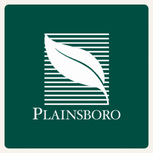 Dark green logo with a white feather, horizontal lines, and "PLAINSBORO