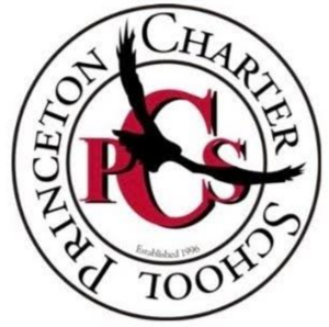 Princeton Charter School logo features a flying bird over red "PCS" initials, established 1