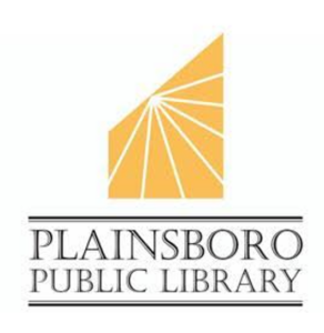 The Plainsboro Public Library logo features an orange abstract sunburst graphic above its name.