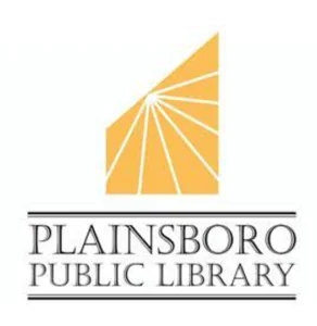 The Plainsboro Public Library logo features an orange abstract sunburst graphic above its name.