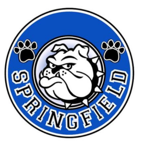 Circular blue logo with a white bulldog head, paw prints, and "SPRINGFIELD