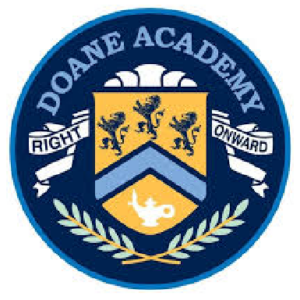 Doane Academy's circular logo displays a gold crest with three lions, a lamp