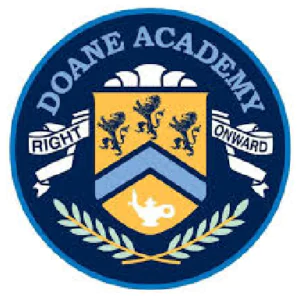 Doane Academy's circular logo displays a gold crest with three lions, a lamp