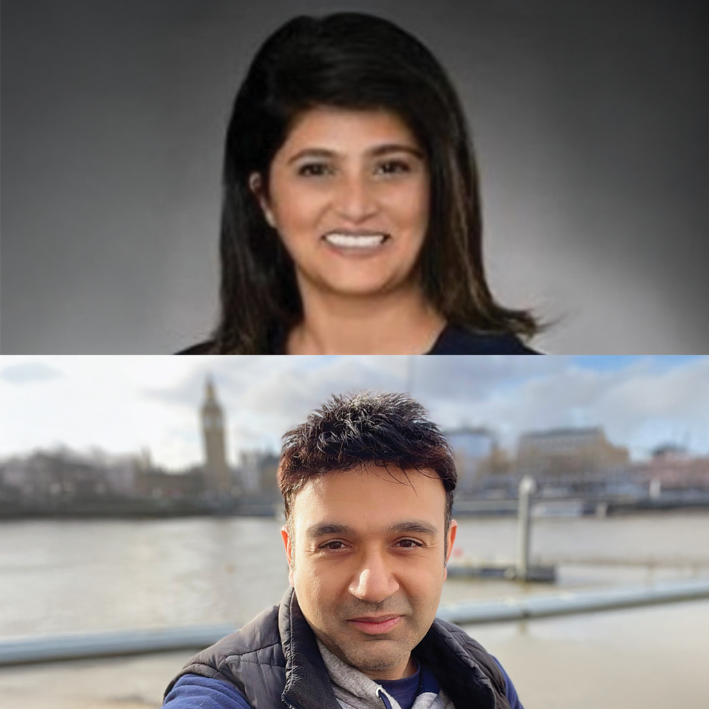 A smiling woman's professional headshot is above a man's outdoor selfie with London