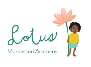 Logo for Lotus Montessori Academy featuring a child holding a pink lotus flower.