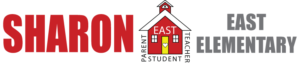 SHARON EAST ELEMENTARY logo featuring a red schoolhouse with "Parent Student Teacher