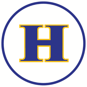 A blue capital letter H with a yellow outline inside a blue-bordered white circle.