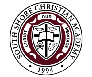South Shore Christian Academy logo featuring a shield with a cross, open book, and academic symbols,
