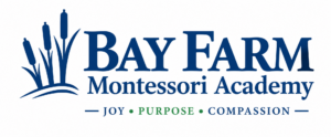 Bay Farm Montessori Academy logo with blue cattails and the values Joy, Purpose, and Compassion
