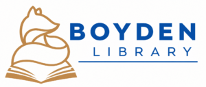 The Boyden Library logo features a stylized golden fox curled on an open book next to blue text.