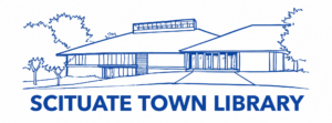 Blue line drawing of the modern Scituate Town Library building surrounded by trees.