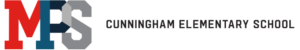Cunningham Elementary School logo features stylized red M, blue E, and gray S letters. TITLE