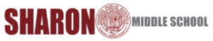 The Sharon Public Schools logo features "SHARON" in red and "MIDDLE SCHOOL" in gray