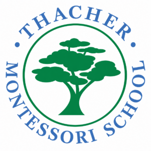 Thacher Montessori School logo featuring a green tree inside a circular border with blue text. TITLE