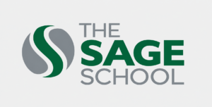 The Sage School logo displays a green 'S' emblem within a grey circle, alongside
