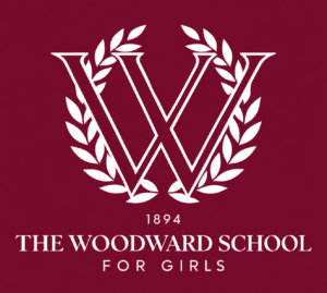 The Woodward School for Girls logo features a white W and laurel wreath on a maroon background