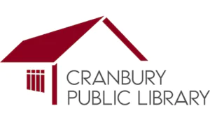 Logo for Cranbury Public Library with a stylized red house icon.