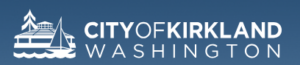 White City of Kirkland, Washington logo with a waterfront scene featuring a boathouse, tree