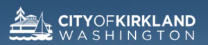 White City of Kirkland, Washington logo with a waterfront scene featuring a boathouse, tree